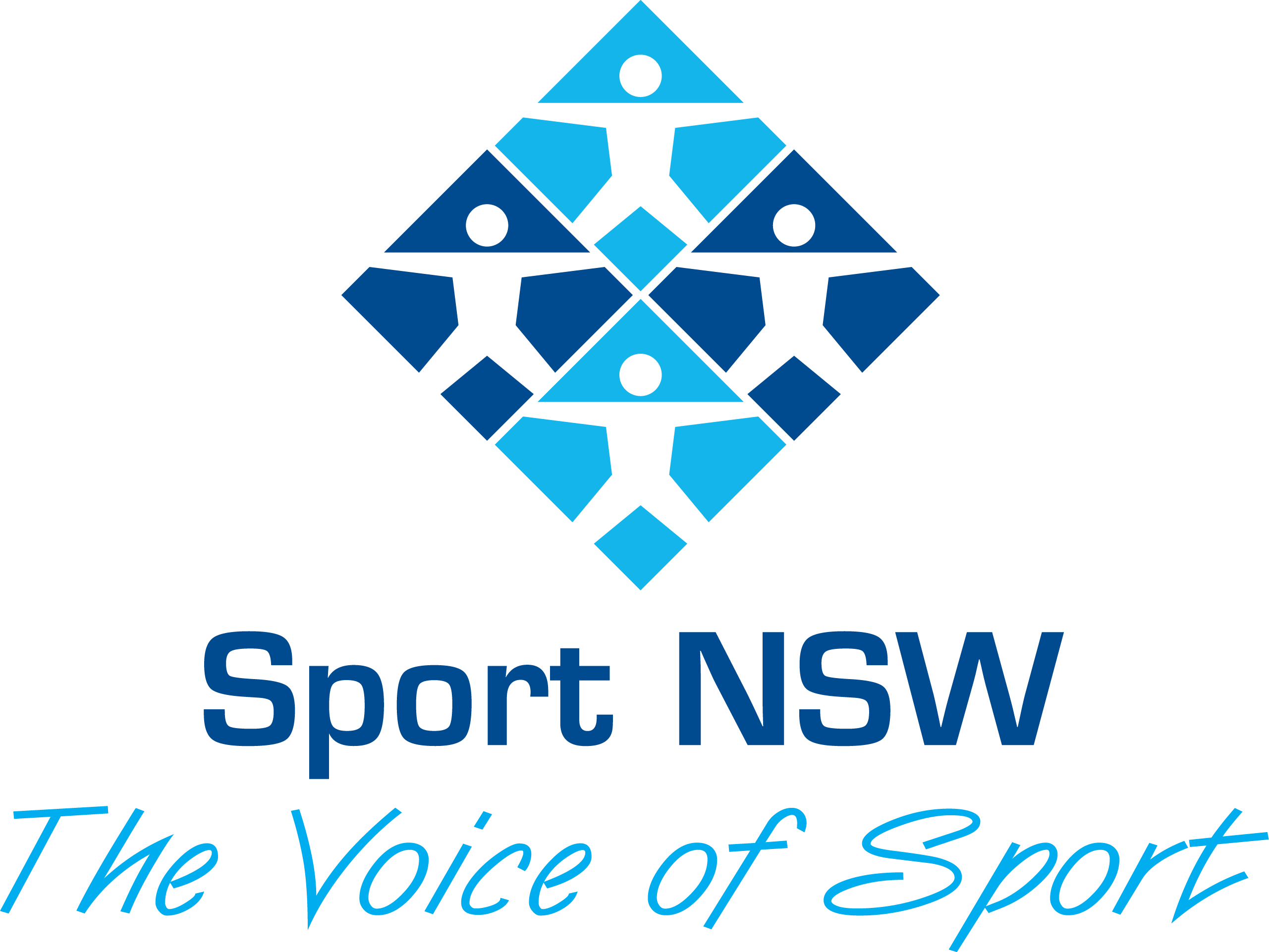 Sport NSW logo, a diamond made of four smaller diamonds of alternating dark and light blue backgrounds on which a white figure stands with arms and legs apart, below the shape is the tagline The Voice of Sport