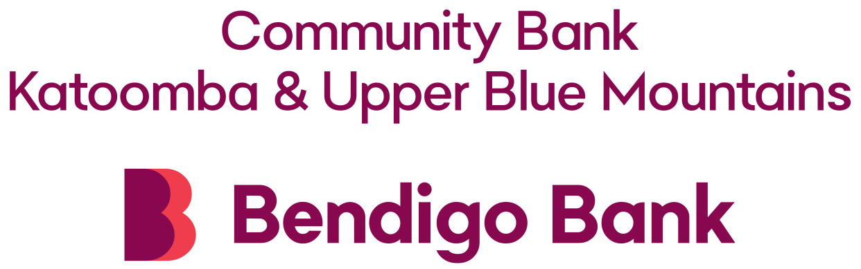 Bendigo Bank logo (maroon B with red B overlapping from behind it to show at the right hand side), with words Bendigo Bank in maroon. Above this are the maroon words 'Community Bank Katoomba & Upper Blue Mountains