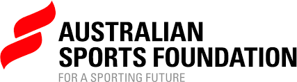 Australian Spots Foundation logo – two bright red pointed lozenge shapes stacked on top of eachother with ‘Australian Sports Foundation’ in black, all capitals in two lines to the right of the symbol. Beneath the name ‘for a sporting future’ is set smaller in all capitals in mid grey.
