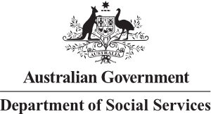 Logo in black with Australian Government crest at the top, with text underneath reading 'Australian Government Department of Social Services'